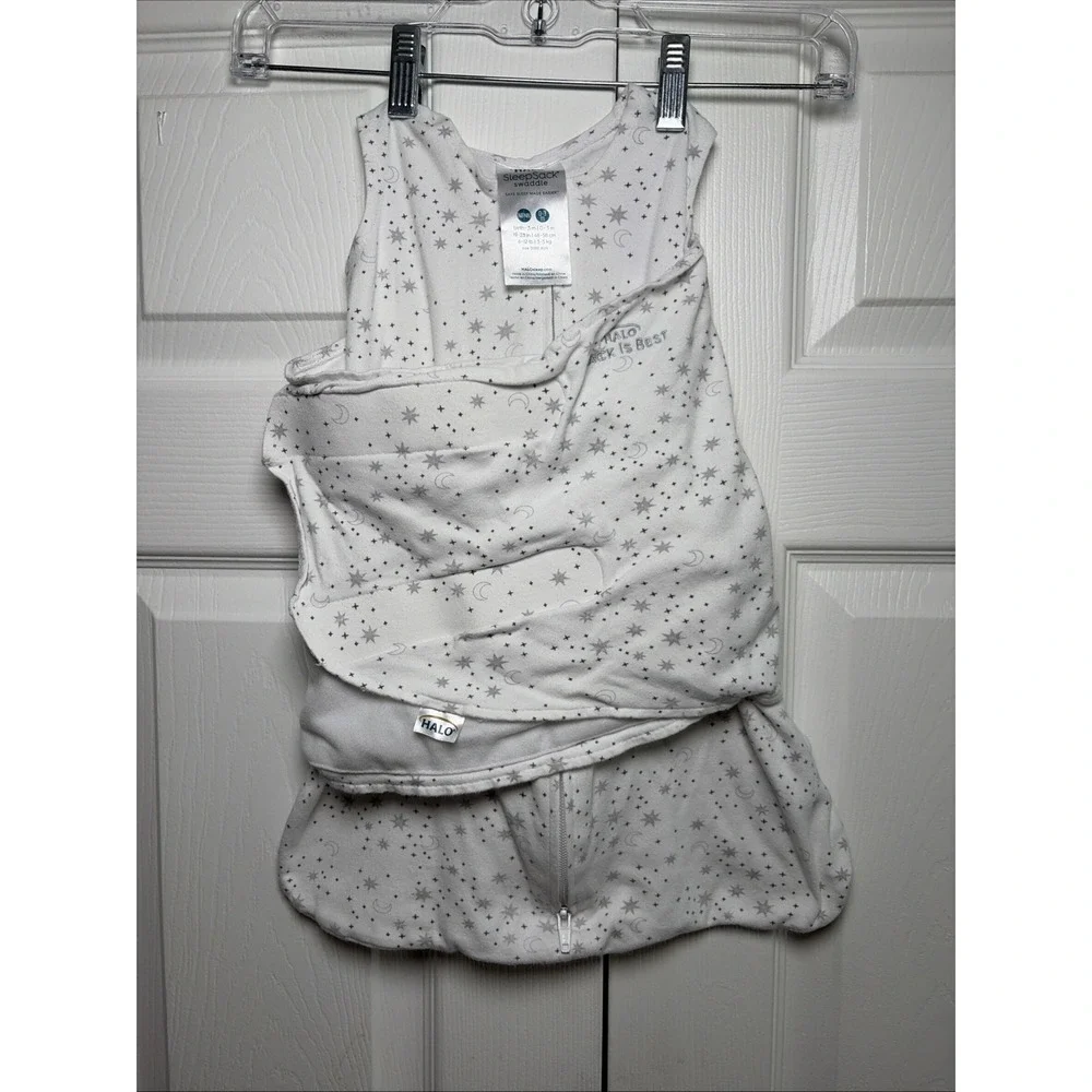 HALO SleepSack Swaddle Newborn Size NB White Gray Moon Star Cotton Sleep Bag